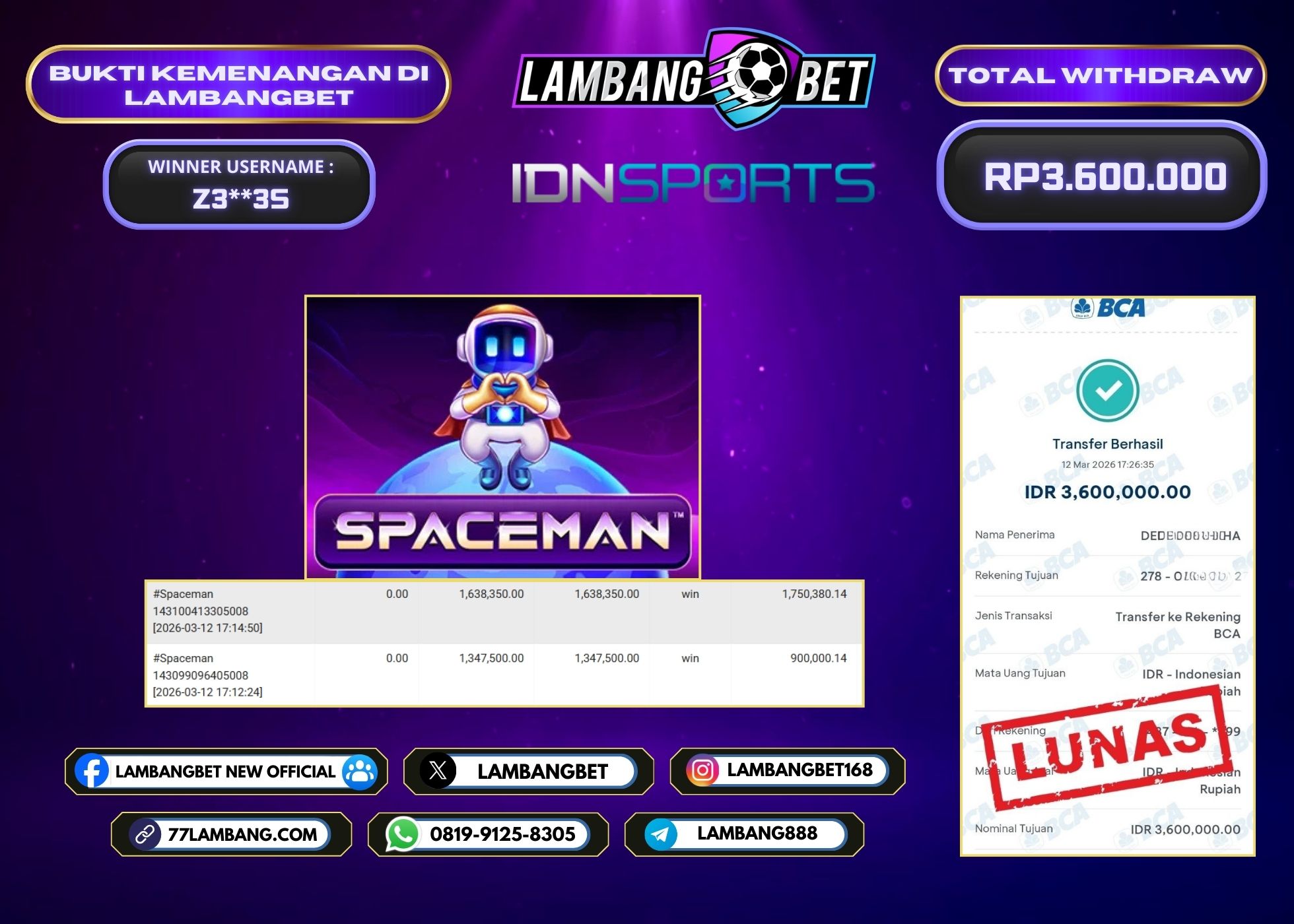 LAMBANGBET [12 MARET 2026] JACKPOT ARCADE Spaceman "Rp3.600.000" LUNAS